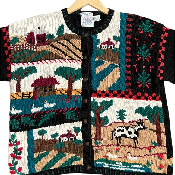Vintage Cape Isle Knitters Farm Scene Sweater Size Medium - Picture 2 of 8